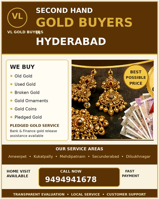 Sell gold in Cyberabad — VL Gold Buyers doorstep service flyer with local service areas and phone number